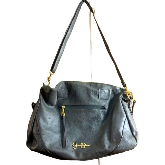 Jessica Simpson Blue Gray Ostrich Style 100% PVC Shoulder bag. Gold accents. - Picture 1 of 6